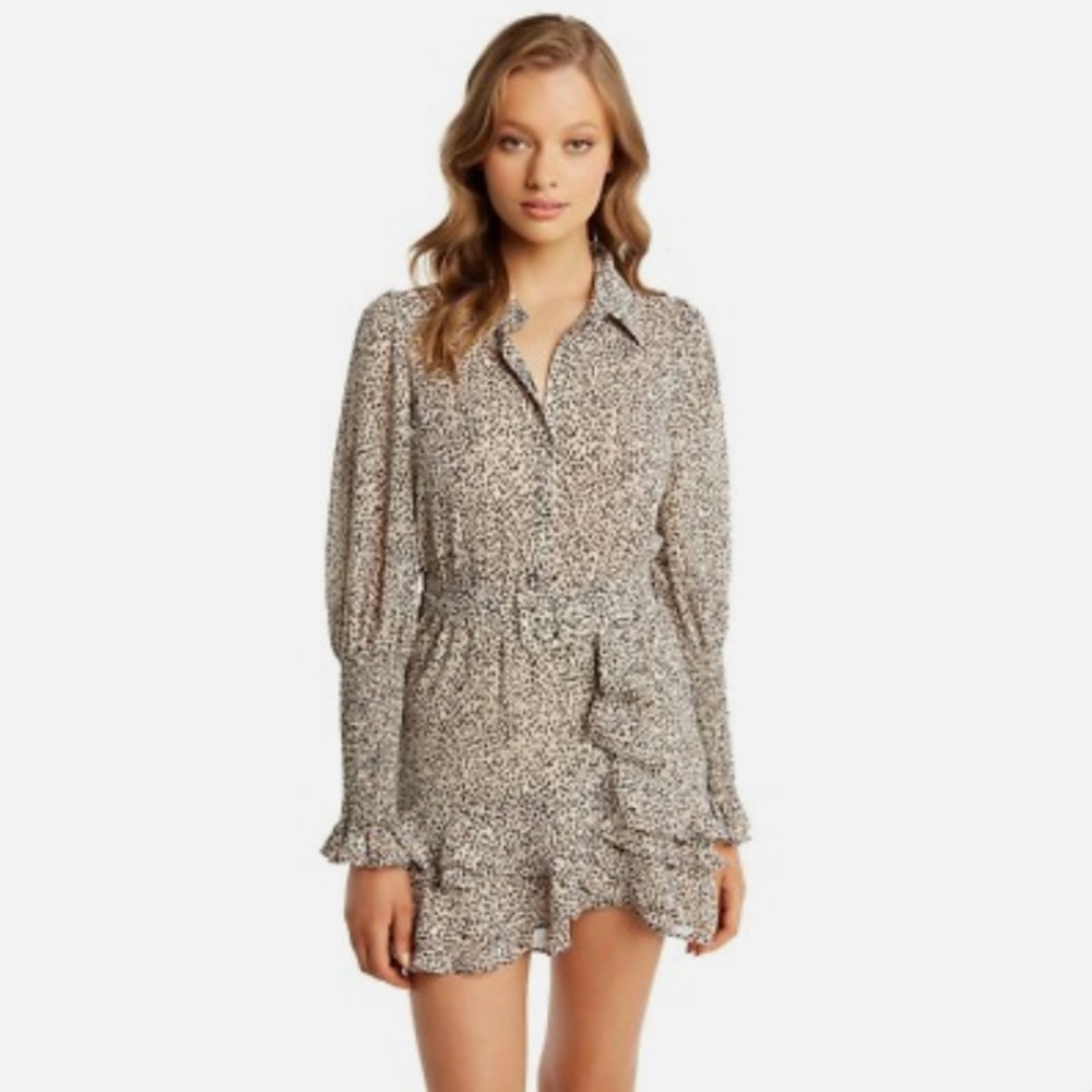 Revolve Bardot Beige Bessie Ruffle Long Sleeve Mini Dress Size 6 Women’s Small